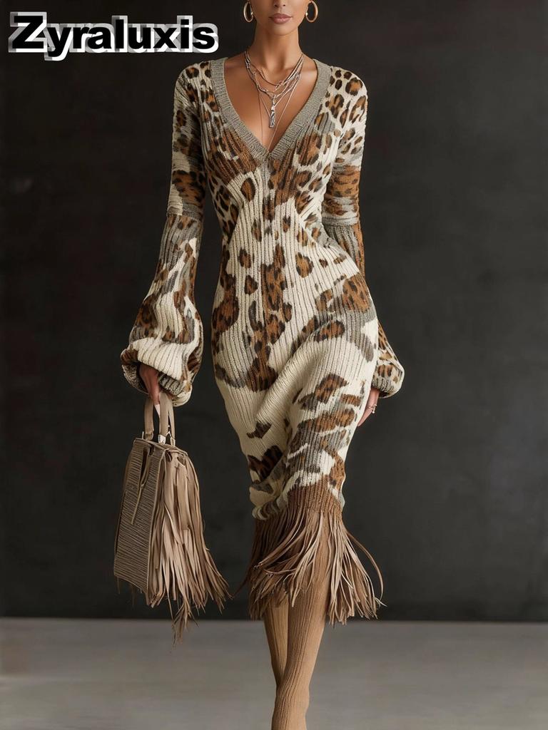 Women's Floral Knit Dress with V-Neck and Fringe Details for Spring Summer Casual Wear
