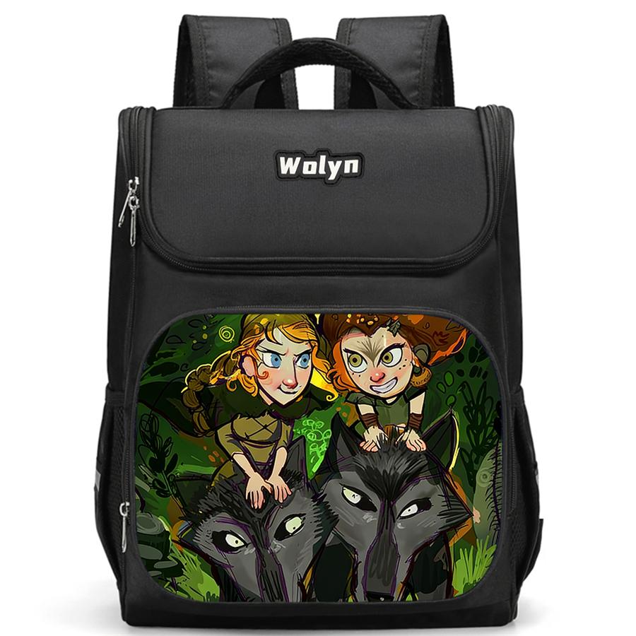Schulrucksack mit mehreren Fächern, Geeignet für Jungen, Großer Cartoon-Wolfwalkers-Rucksack, Strapazierfähiger Kinderrucksack für 6-10