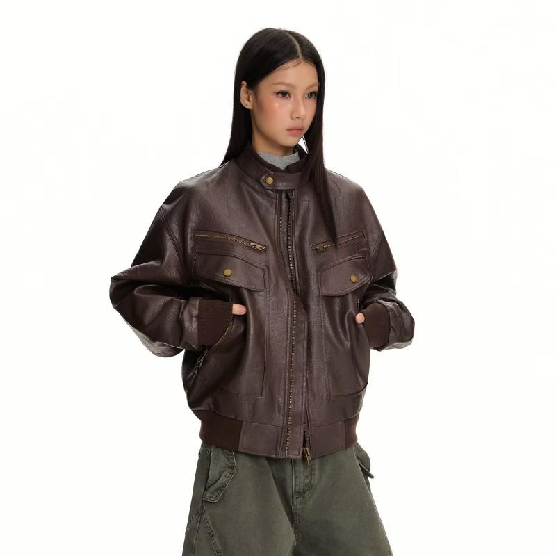 Womens Oversized PU Leather Moto Jacket