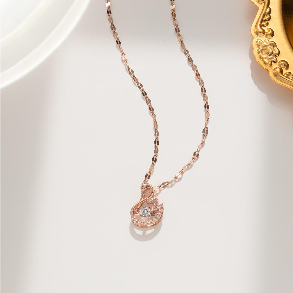 Elegant Colorfast 18K Rose Gold Necklace with Swan & Four-Leaf Clover Charm