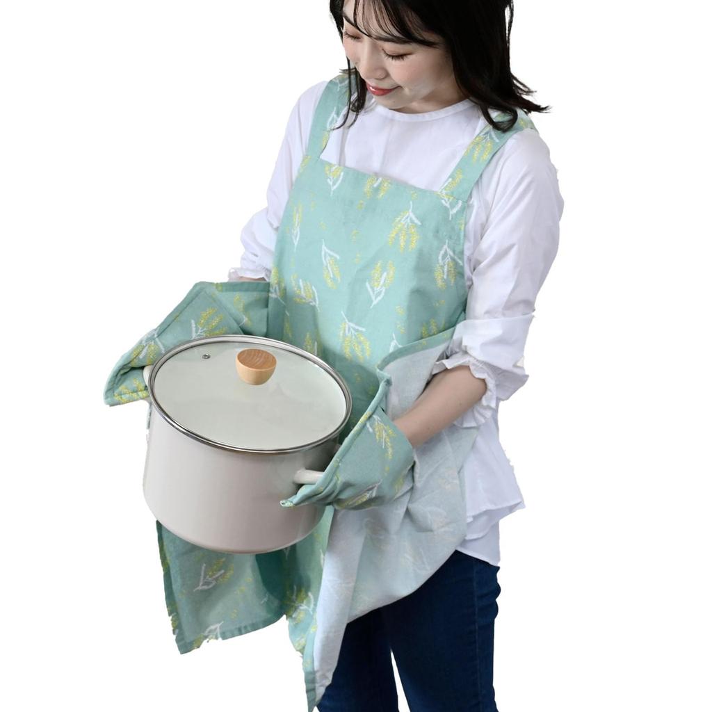 [Rep] Apron with Mittens Integrated, Easy To Put On and Take Off, 2 Pockets (Abitual Elise) Mimosa Length 73cm Green GR 555040-NPS Present Elise