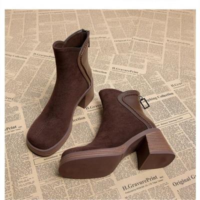 Gespleißte Kurze Stiefel Damen  Neuer Herbst/Winter Temperament Gespleißt Uni Wildleder Dicke Absätze Zeigen Schlanke Kurze Stiefel Damen