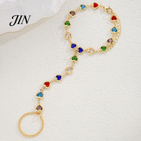 Gold Plated Bracelet Hand Chain with Ring for Women, Colorful Heart Shaped Two-in-one And Faux Crystal Healing Jewelry, Gifts Best Friend Sister Wrist