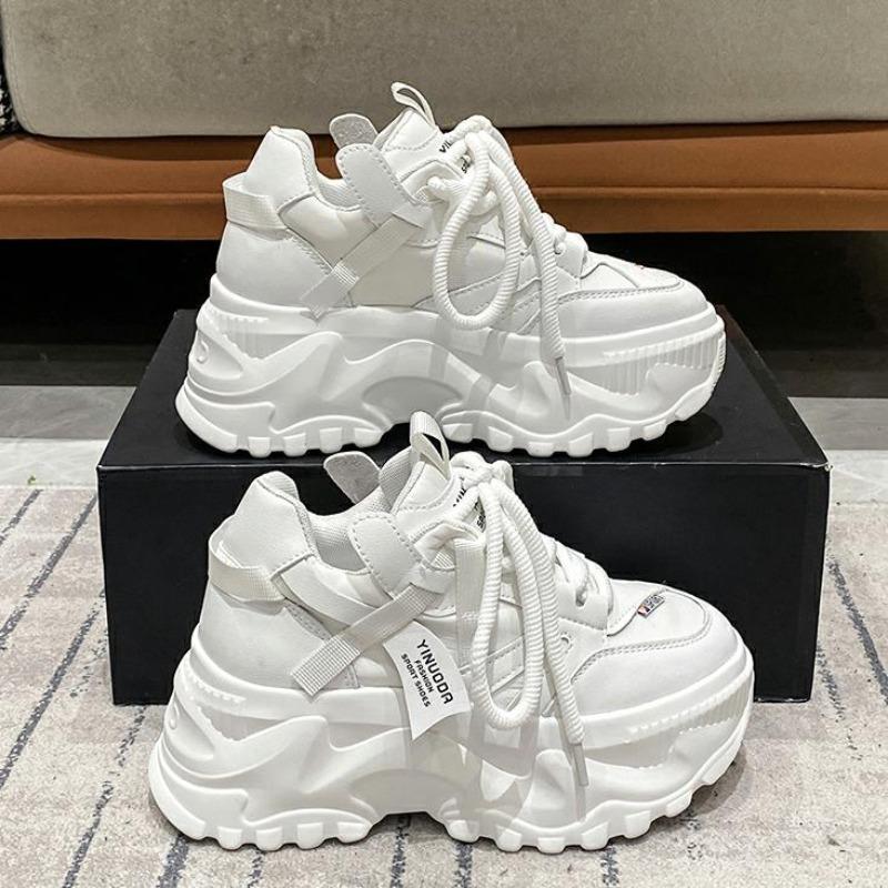 8CM Women Walking Sneakers Autumn Lace-up High Platform Chunky Shoes Breathable Leather Shoes Wedge Heels Casual Shoes Size 42