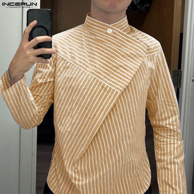 INCERUN Men Wrap Neck Long Sleeve Button Up Striped Print Casual Shirts