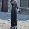 High-Waisted Black & Gray Wide-Leg Jeans - Adjustable Multi-Button Design, Loose Pear Shape, Floor Length for Women
