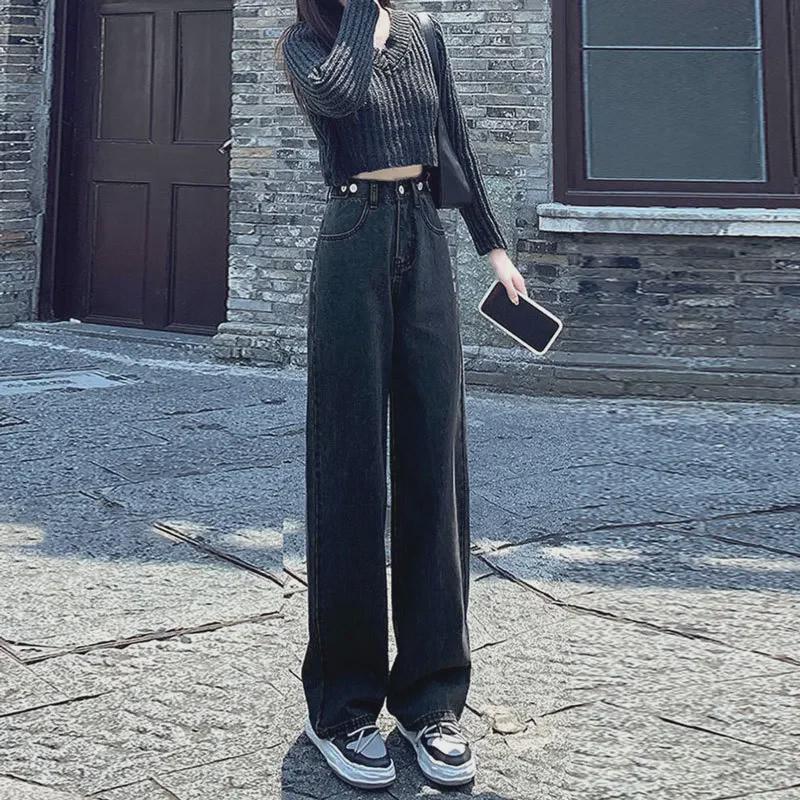 High-Waisted Black & Gray Wide-Leg Jeans - Adjustable Multi-Button Design, Loose Pear Shape, Floor Length for Women