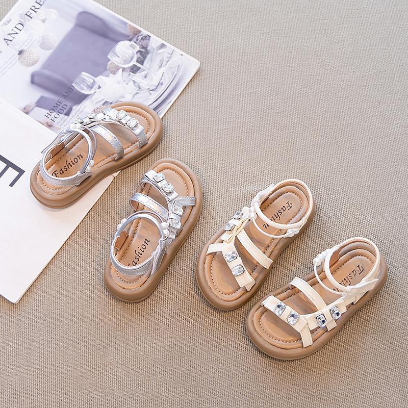Girls Sandals Soft Comfortable Children Beach Shoes Open Toes 2025 Summer New Kids Princess Shoes Shiny Crystal Beadings Sweet