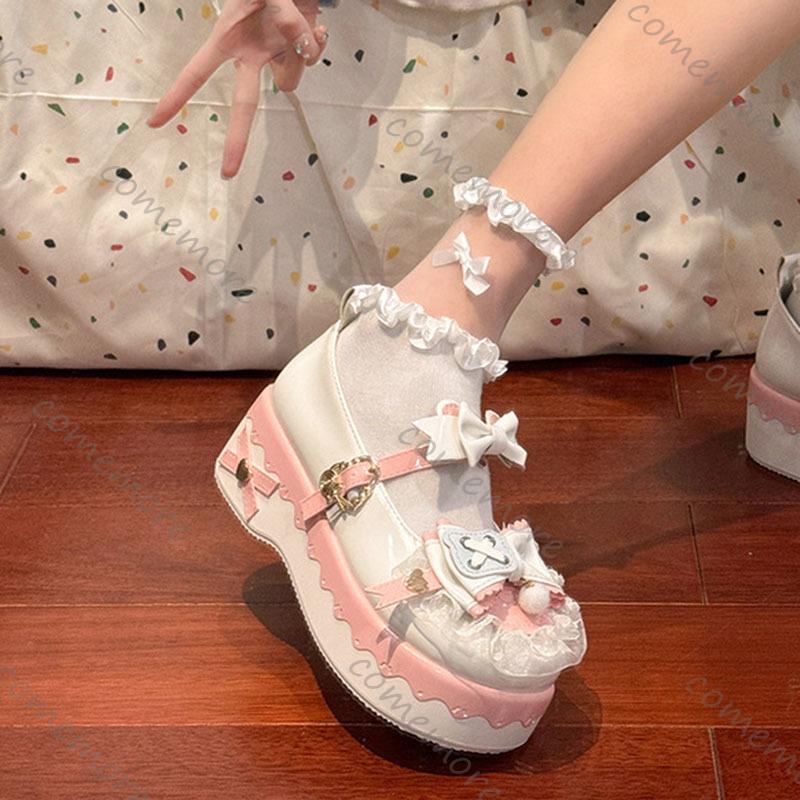Comemore Sweet Lolita Style Girls Flat Platform Women Pumps Students Cute Bowknots Patch Mary Jane Ankle Strap Loafers Shoes