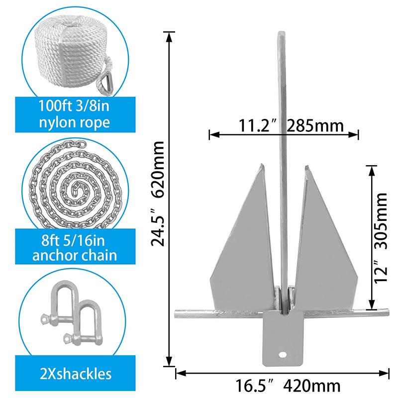 Danforth Anchor Set 6KG Anchor Weight Includes 100ft Fixed Rope/8ft Chain Marine Anchor for Sand, Gravel, and Silt Seabeds