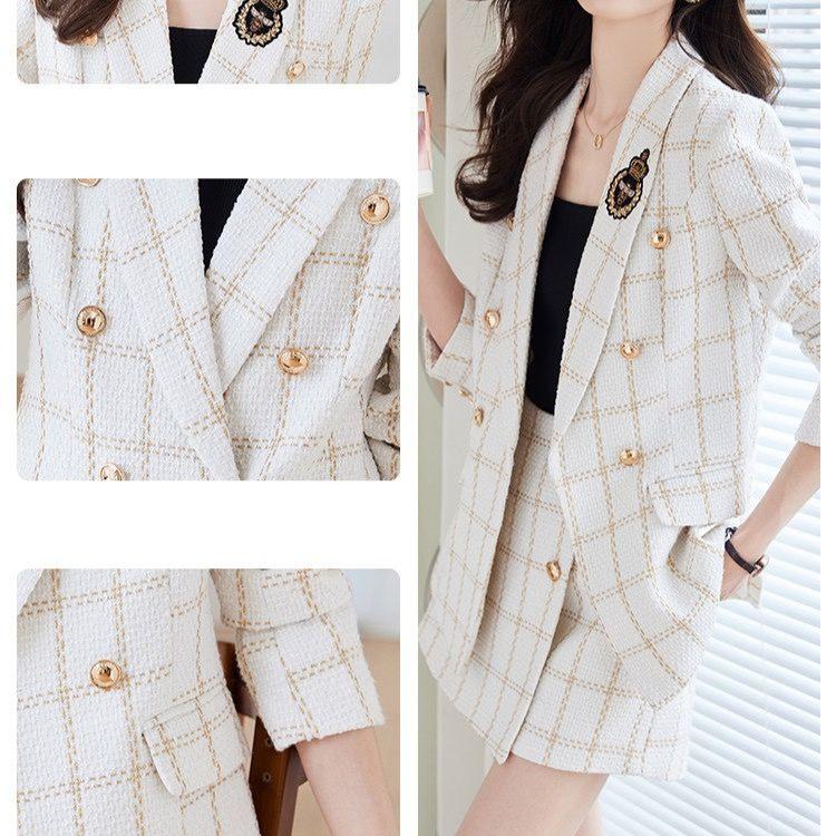 Elegant Lady White Suit Jacket and Skirt Two-piece Set for Spring, Double-breasted Casual Wear Clothes