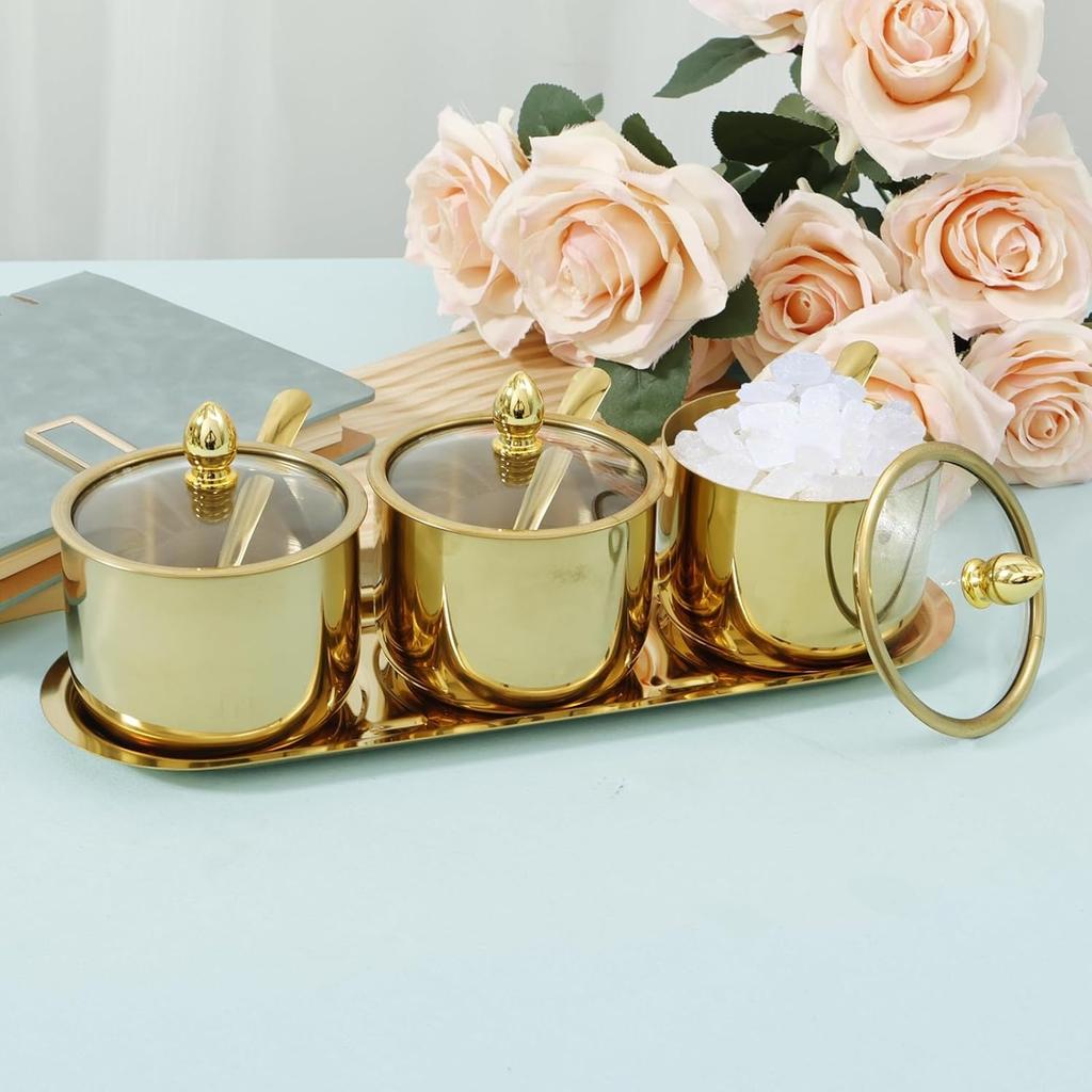 Edelstahl Zuckerschale Set mit Glasdeckel und Löffel 3-Fächer Gewürzglas Set mit Tablett Wiederverwendbare Gewürzdosen Töpfe Set Stilvolle Gewürzbox