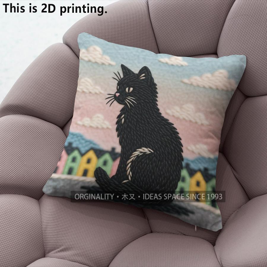 Vintage Black Cat Town Scene Throw Pillow Covers Pattern Cushion Cover Suitable For Sofa Bedroom Car Pillow Cover