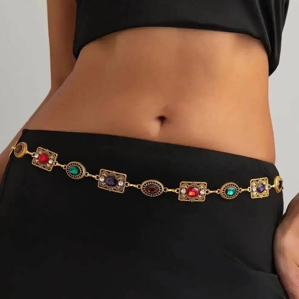 Ingemark Retro Colorful Acrylic Rhinestone Waist Chain Women Bohemia Exquisite Luxury Adjustable Belly Body Chain Y2K Jewelry
