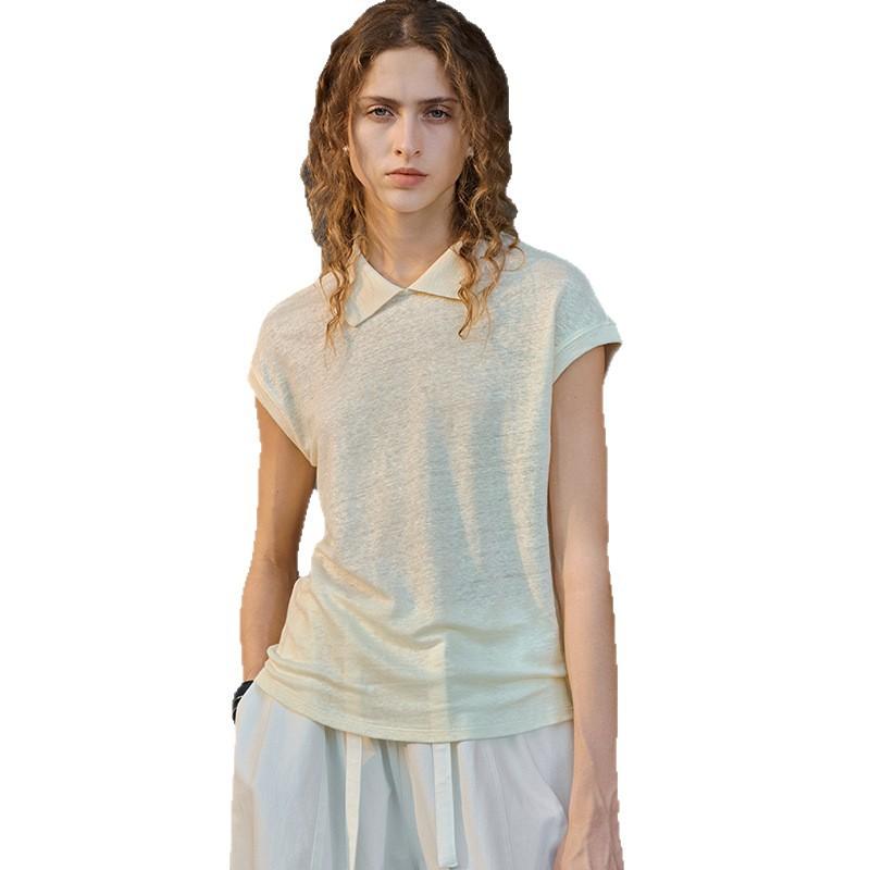 Premium Hemp Short-sleeved Women's Summer Hemp POLO Shirt Commuter Knitted T-shirt Old Money Style Simple Lapel Top