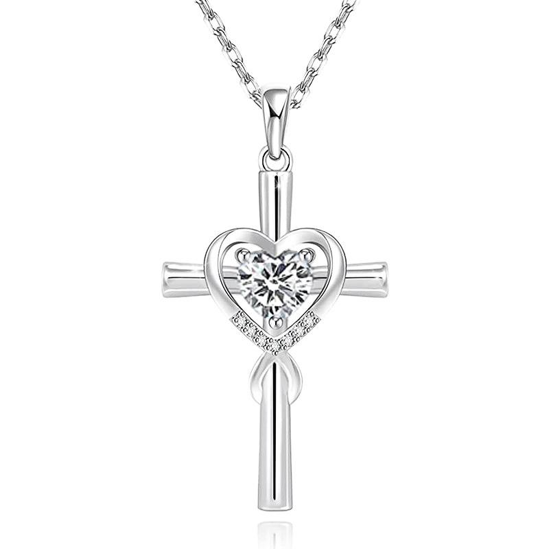 Huitan Cross Heart Shaped Women Pendant Necklace Fresh Style Wedding Party Accessories Inlaid White/Blue CZ Daily Jewelry Gift