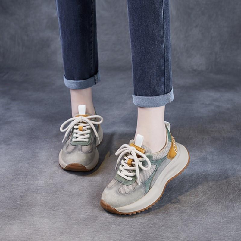 Johnature Mesh Splicing Genuine Leather Breathable Women's Shoes Thick Sole Mixed Colors Casual Sports Shoes