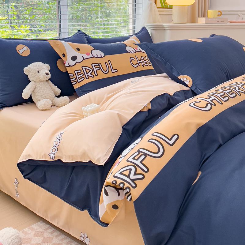 4pcs Cartoon Love Duvet Cover Set Simple Blue Plaid Bed Sheet Adults Kids Teenagers Bedding Comforter Cover with 2 Pillowcases