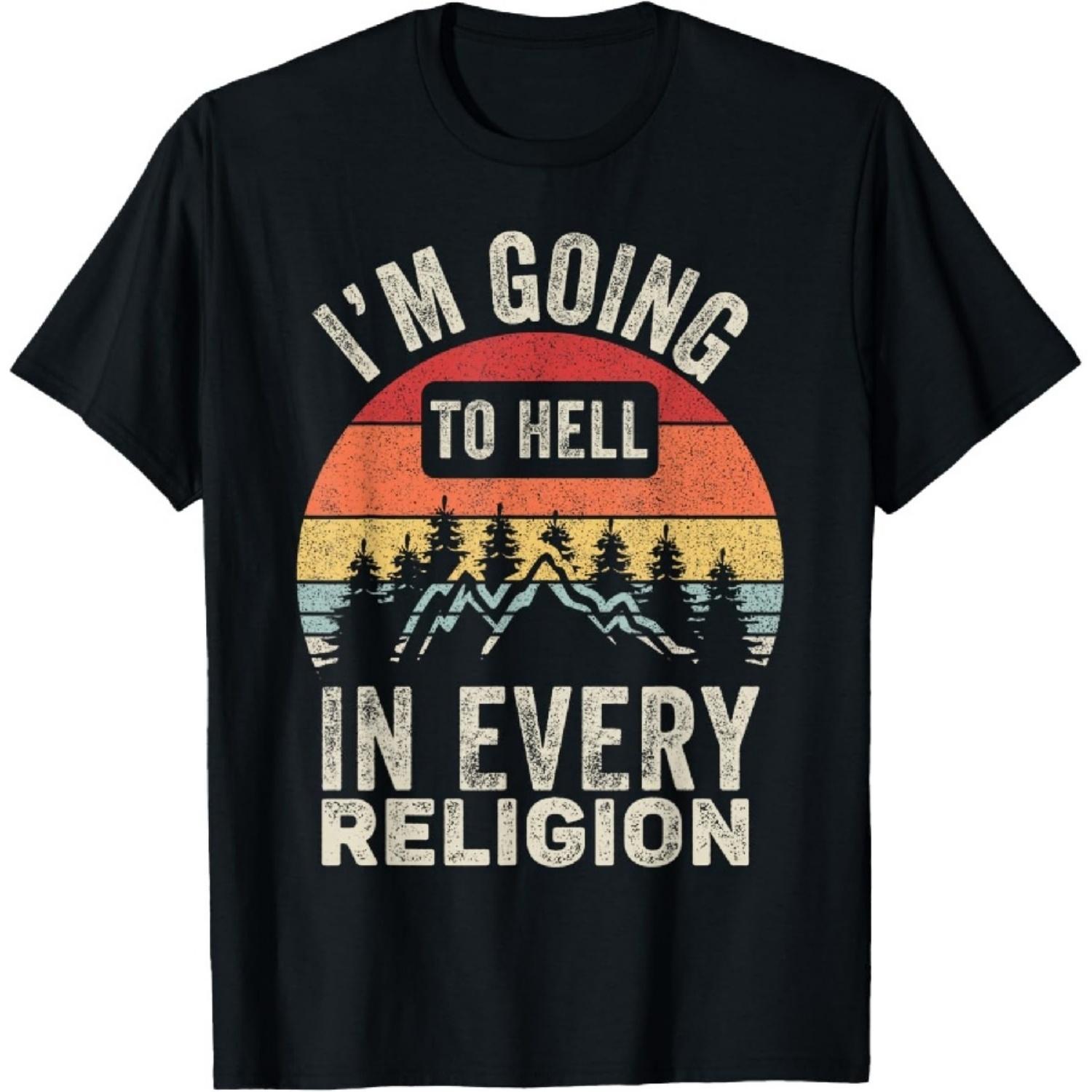Винтажная ретро футболка «Я попаду в ад в каждой религии» S