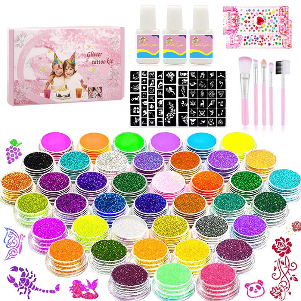 12 Color Temporary Glitter Tattoo Kit for Kid with 24 Stencils Adults Girls Boys Arts Glitter Make Up Kit Beautiful Holiday Gift