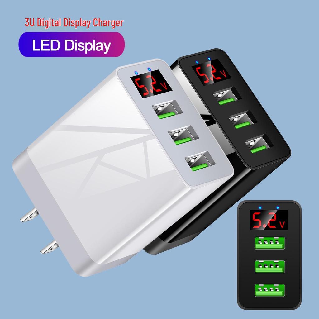 3-Port USB Display Screen Wall Charger, 5V/3A US Standard, Multi-Functional Travel Phone Plug