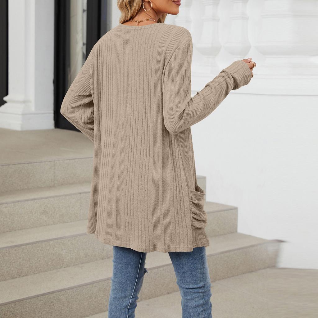 Women's Open Front Long Sleeve Knit Cardigan with Pockets Casual Loose Fit Lightweight Sweater Coat