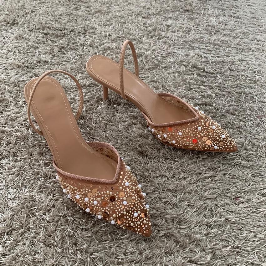Luxury Fashion Bling String Bead Mesh High Heels Women Sexy Pointed Toe Breathable Heeled Sandals Elegant Slingbacks Women Pumps cm