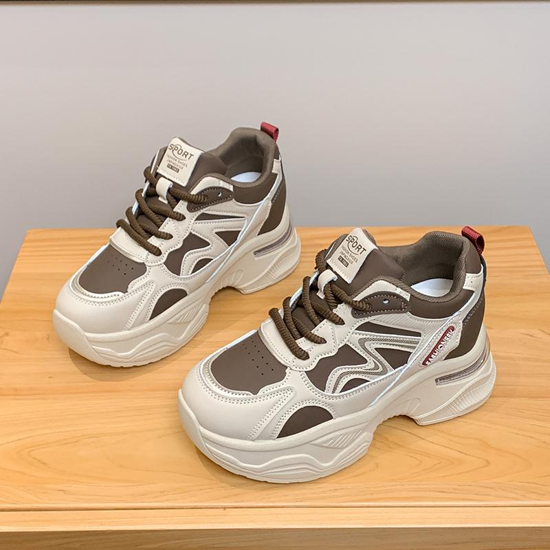 Fashion Fashion Mix Color Chunky Sneakers Women 2025 Spring Pu Leather Lace Up Platform Shoes Woman Thick Bottom Vulcanized Sneakers