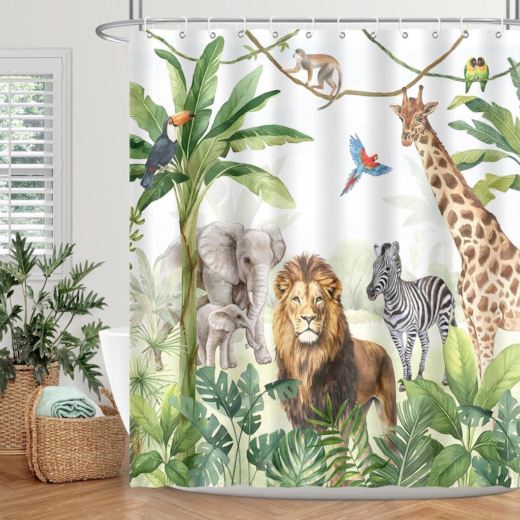 Wildtier Duschvorhang Dschungel Elefant Giraffe Zebra Regenwald Tropisch Safari Badezimmer Heimdeko Wasserdicht Polyester