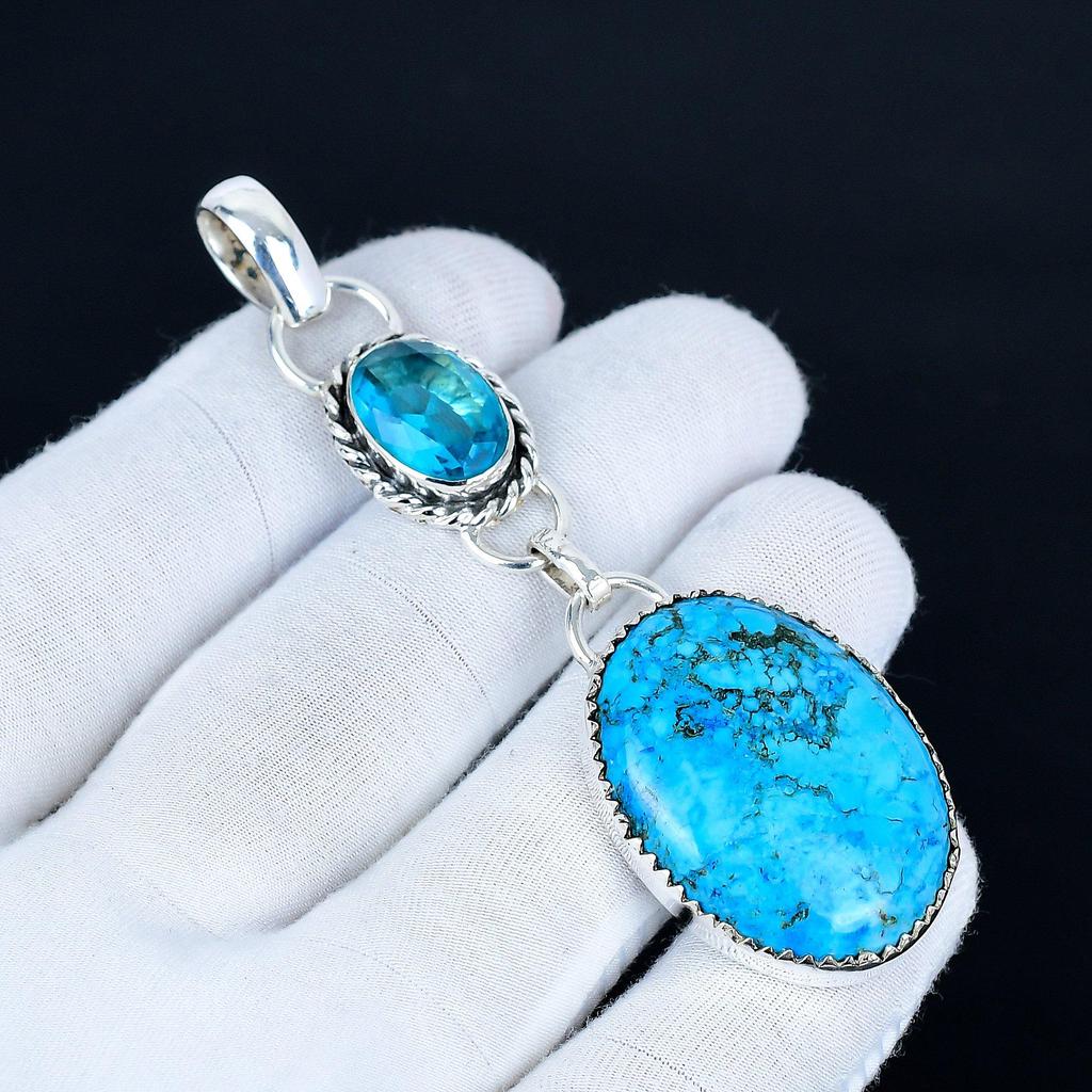 Tibetan Turquoise Pendant, 925 Sterling Silver Handmade Jewelry, Blue Topaz Silver Pendant, Party Wear Jewelry For Women's, Pendant Gift For Her