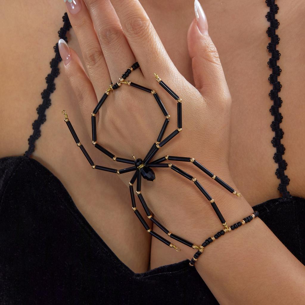 Creative Rice Beads Exaggerated Black Spider Rings Link Bracelets for Women Men Punk Hiphop Halloween Bracelets Jewelry Gift