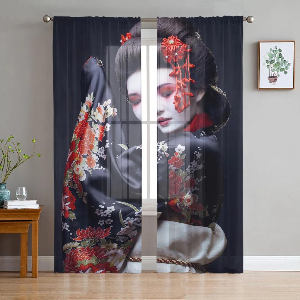 Kimono Japanese Female Geisha Curtain For Living Room Transparent Tulle Curtains Window Sheer For The Bedroom Accessories Decor