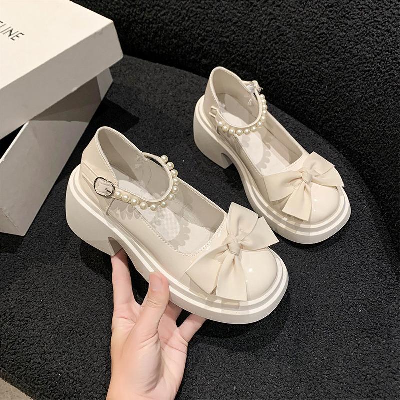 

Mary Jane shoes women s new fashion bow thick heel high heel round head retro sweet single shoes 40