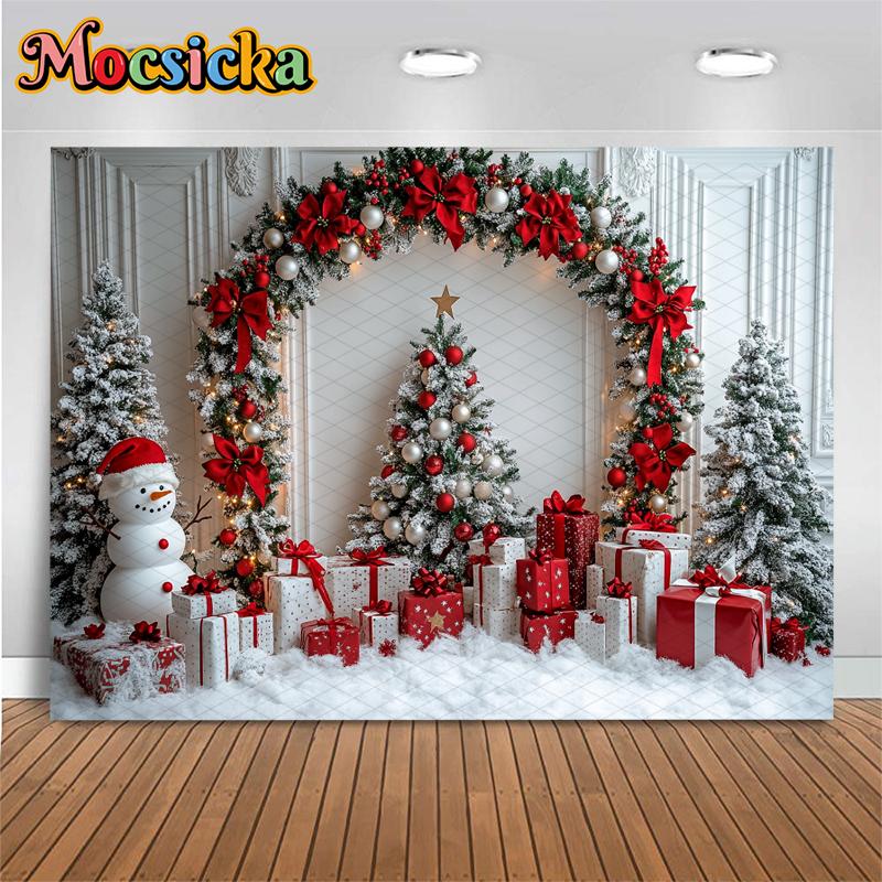 Mocsicka Christmas Tree Photography Backdrop Snowman White Wall Home Gifts Decor Children Family Holiday Party Background Banner