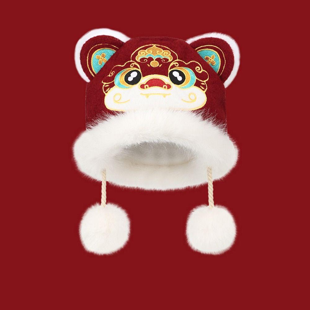 Thickened New Year Red Cap Ear Muffs Winter Warm Hat Kawaii Children's Lion Dance Hat  Outdoor