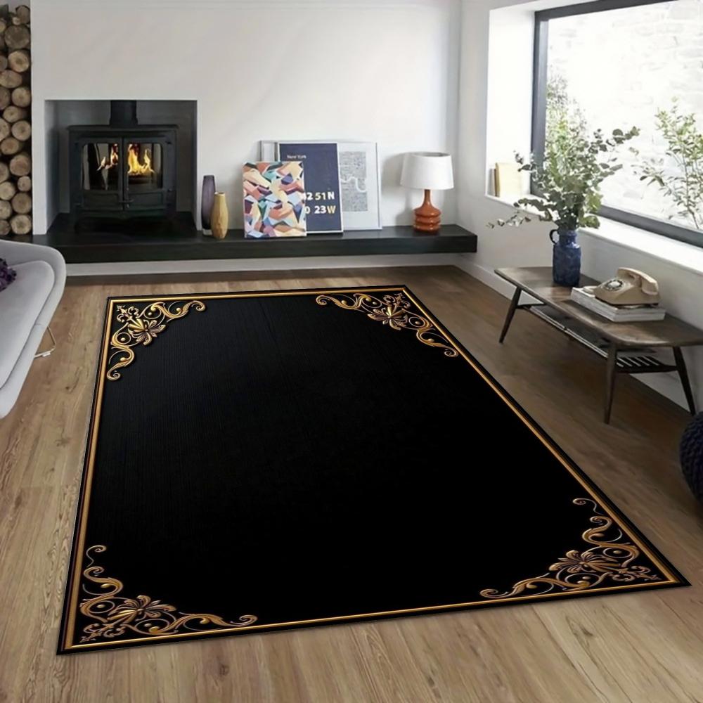 3D Retro Living Room Carpet Luxurious Black Background with Gold Edges Carpets Machine-washable Floor Mat Study and Bedroom Rug