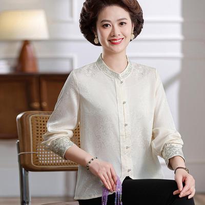 Summer Stand-up Collar Long-Sleeve Tang Suit for Middle-Aged and Elderly Women, Elegant Grandmother's Shirt