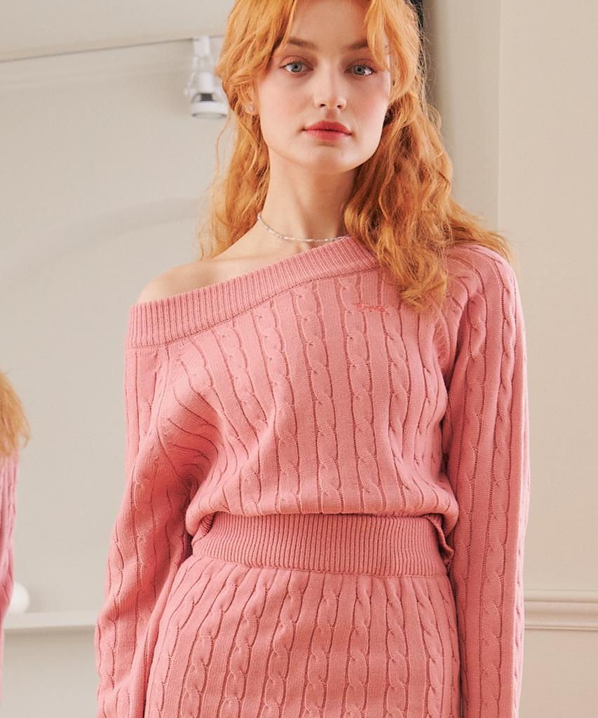Tobaseu Wool Cable Knit Off-Shoulder Top (Gray)