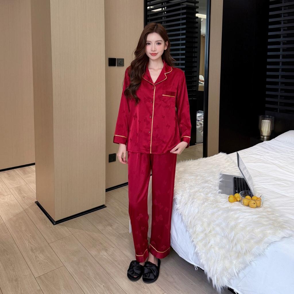 Pajamas Women's Spring and Autumn Ice Silk Long Sleeve Butterfly Jacquard Homewear Summer Thin Air Conditioning Clothing Set Autumn 1111