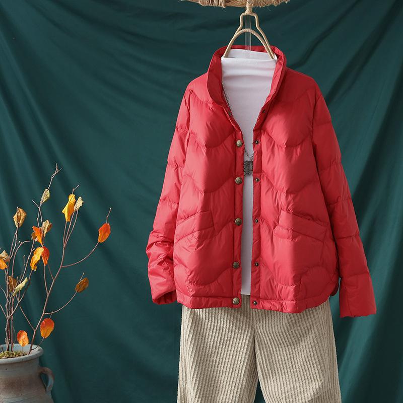White duck down light down jacket women's short winter new loose casual big pocket stand-up collar retro coat