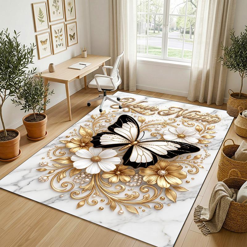 Butterfly Theme Crystal Velvet Rug Personalized Custom Name Text Soft Floor Mat Home Decor