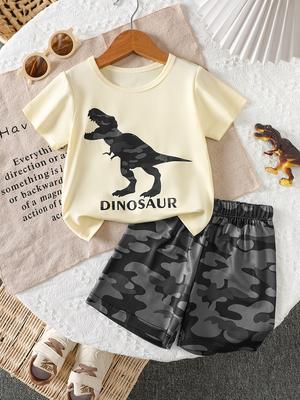 Summer Trendy Boys Baby 2pcs Set, Dinosaur Print Tee+shorts, Soft Comfy for Daily Outdoor Sports Wear