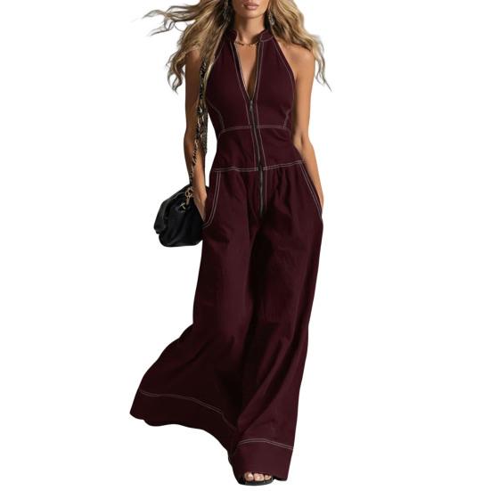 Huaqianguhh Women's Sleeveless Jumpsuit, Zip Up Stand Collar Wide Leg Pants Rompers, Casual Summer One Piece Outfits with Pockets