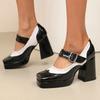 Square head thick-soled thick-heeled super-high-heeled women's single shoes patent leather Brock burning flowers spell spring and autumn Lolita