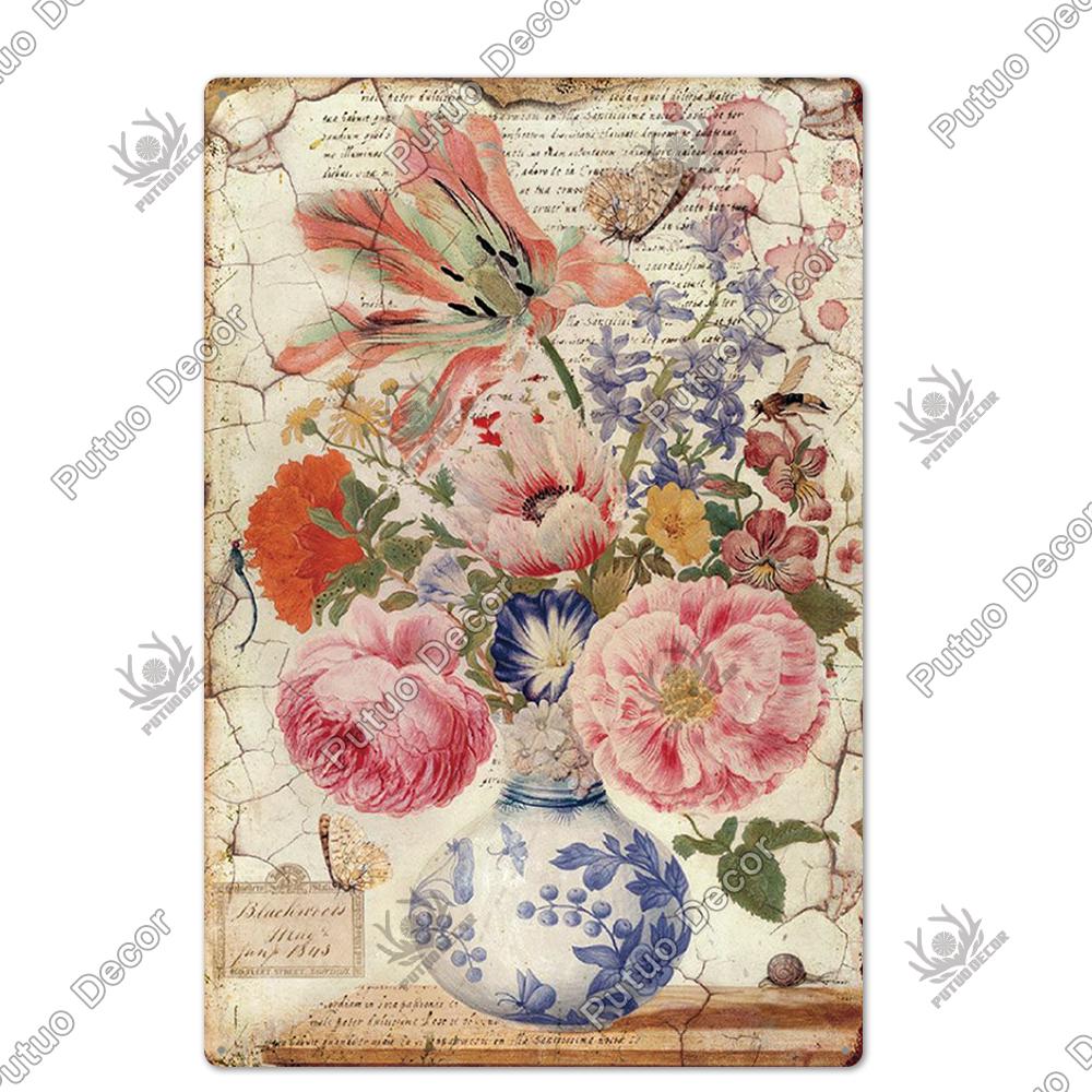 Putuo Decor Flower Vintage Poster Plaque Metal Tin Sign Wall Decorative for Barn Room Kitchen Garage Iron Painting