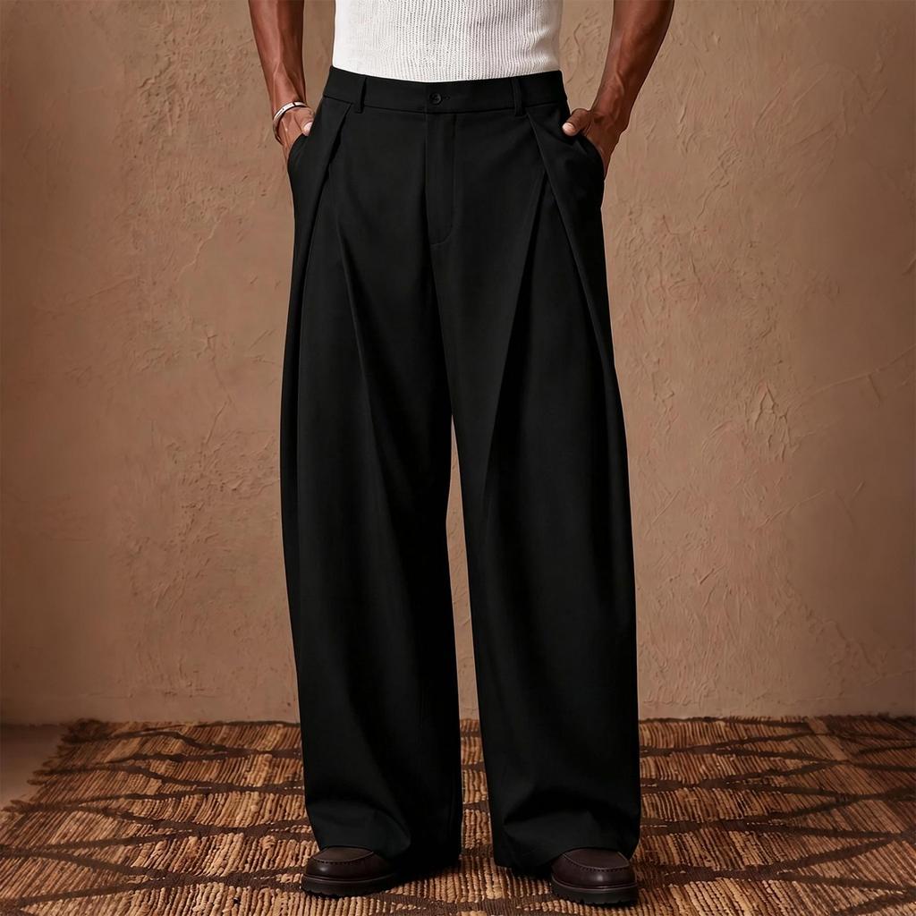 Heren Retro Geplooide Wijde Pijpen Broeken in met High Street Casual Pasvorm