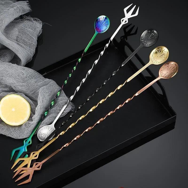 32cm Long Handle Cocktail Spiral Stirring Spoon Fork Stainless Steel Whiskey Stirring Stick Cocktail Shaker Bar Accessories