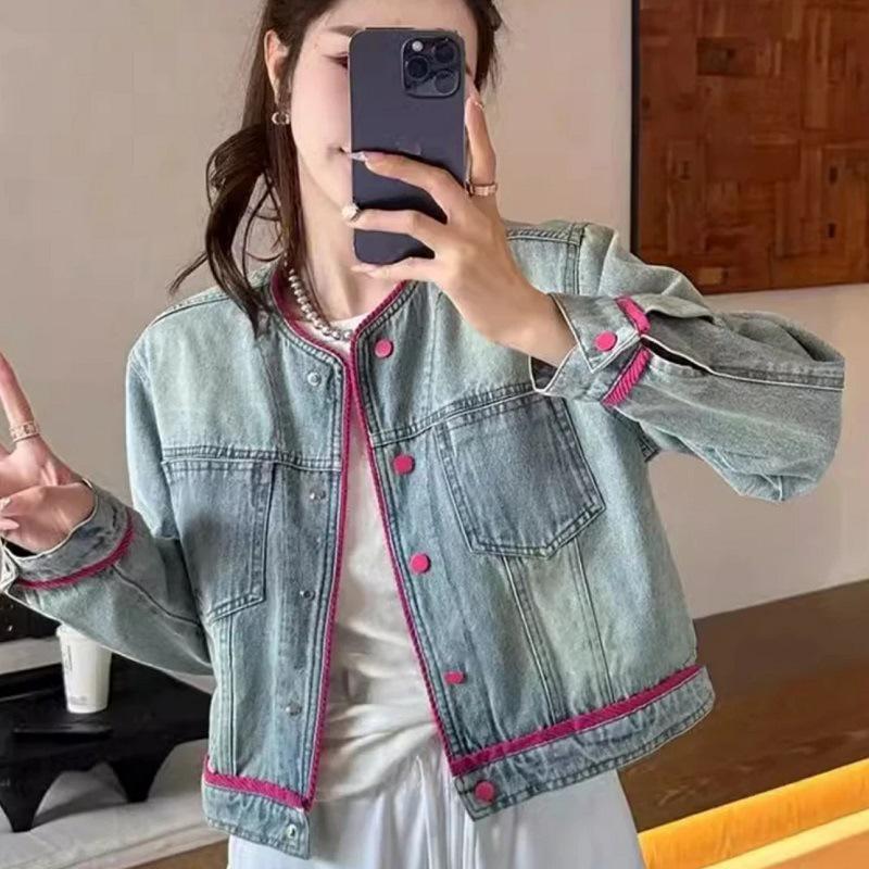 Damen Retro Koreanische Colorblock Denimjacke - 2025 Frühjahr/Herbst Kollektion, Lässige Lockere Passform, Kurze Länge