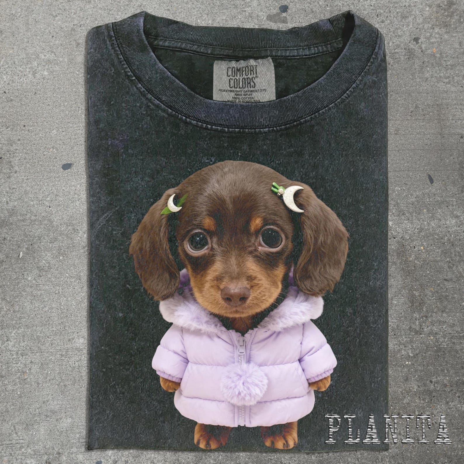 Dachshund Puppy in Lavender Puffer Jacket T-shirt | Cute Dog Tee 3XL