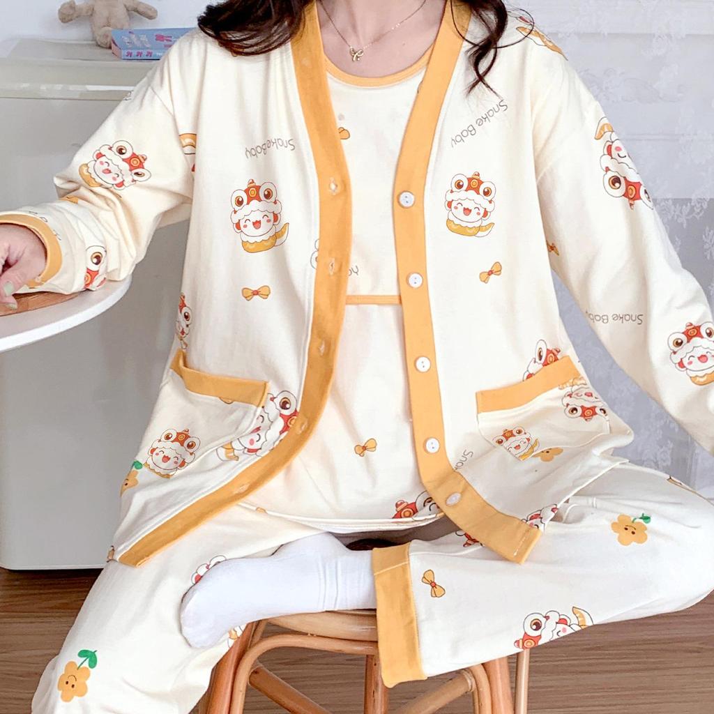 Spring & Autumn Maternity Pajama Set: Breathable Three-Piece for Delivery & Breastfeeding with Absorbent Breast Pads